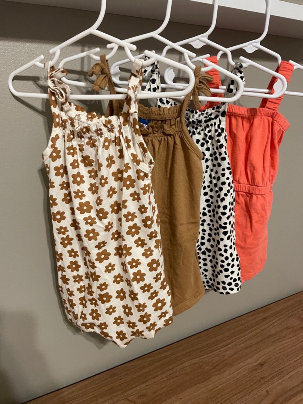 Set of 4 Baby/Toddler Rompers - Brown Floral, Tan, Black & White Spot, Coral